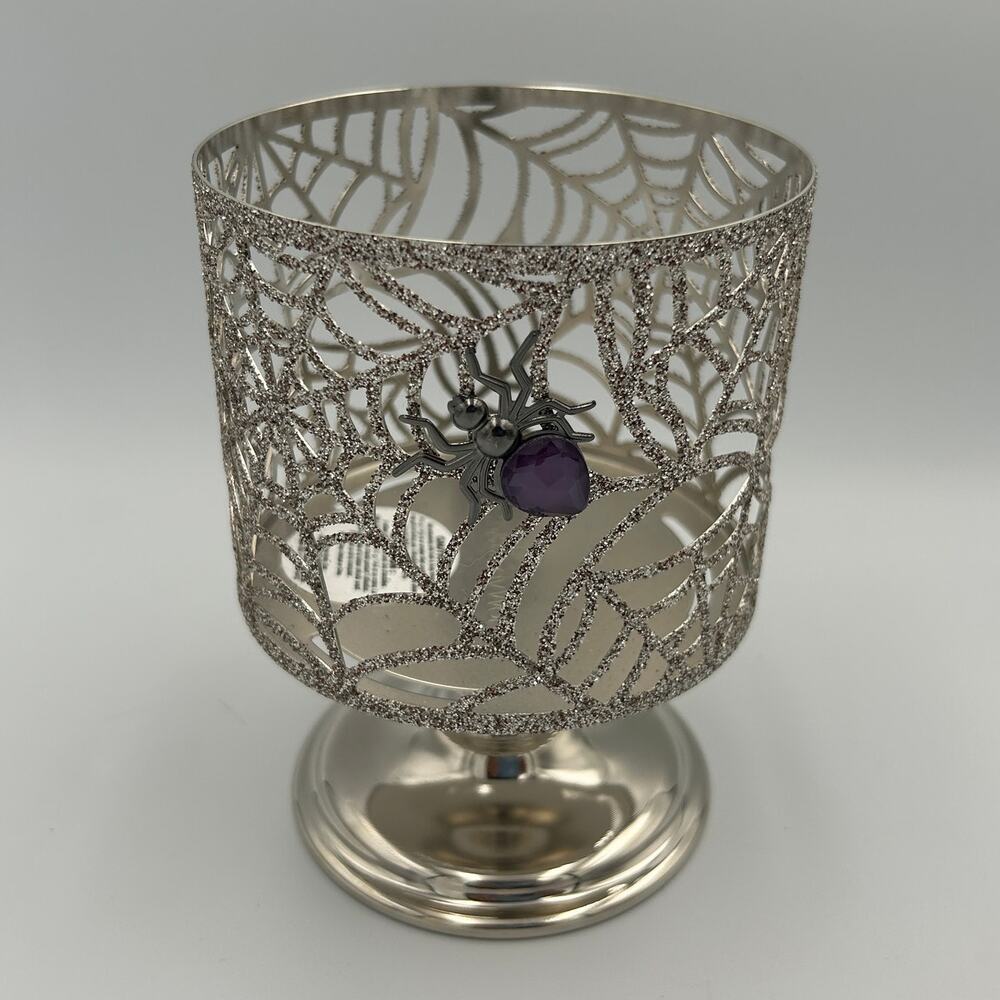 Bath & Body Works 3 Wick Halloween Pedestal Candle Holder Purple Gem Spider Webs